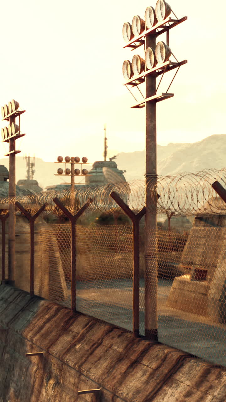 военный комплекс, окруженный высоким забором и колючей проволокой.