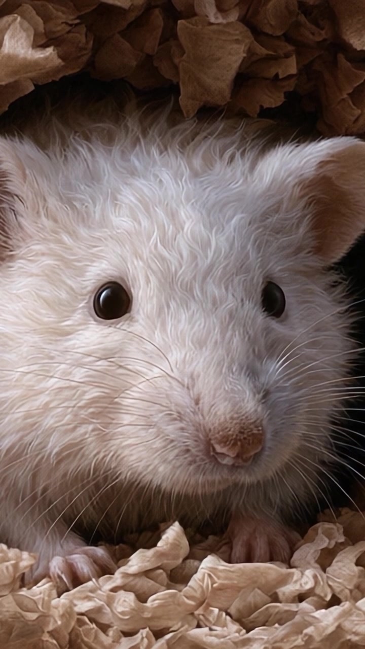 Un Curioso Ratto Bianco che Emerge dal Suo Nido Accogliente, Catturando l'Incanto della Sua Morbida Pelliccia e della Sua Espressione Delicata in un Ambiente Sereno