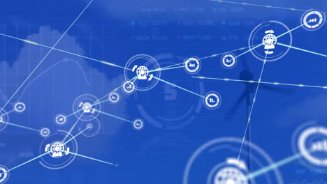 animation of network of connections with icons and data porocessing over wind turbine