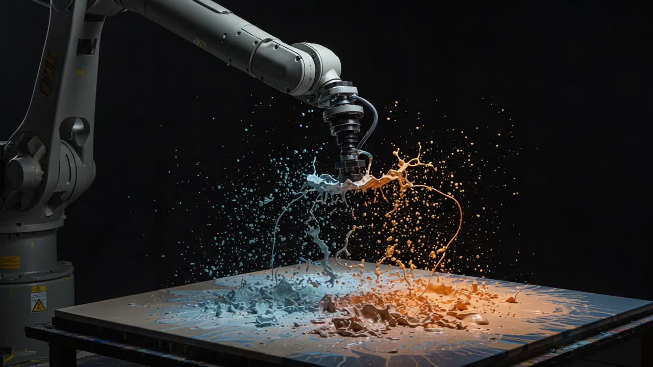 Dynamic Interaction of Liquid and Solid: A Robotic Arm Captures the Stunning Moment as Colorful Splashes Erupt from a Surface, Showcasing Artistry in Motion