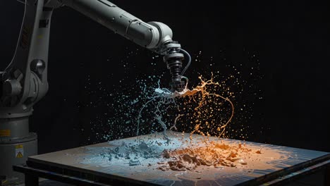 dynamic interaction of liquid and solid: a robotic arm captures the stunning moment as colorful splashes erupt from a surface, showcasing artistry in motion