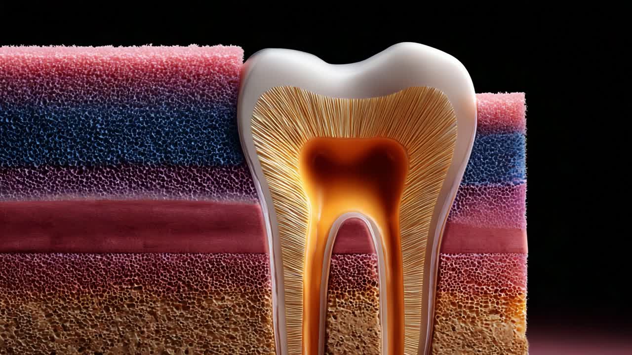 A Close-Up View of a Cross-Sectioned Tooth Illustrating Internal Structures and Layers, Emphasizing the Dental Anatomy and Composition for Educational Purposes