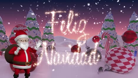 Feliz-Navidad-and-Santa-Claus-waving-against-snow-falling-over-winter-landscape