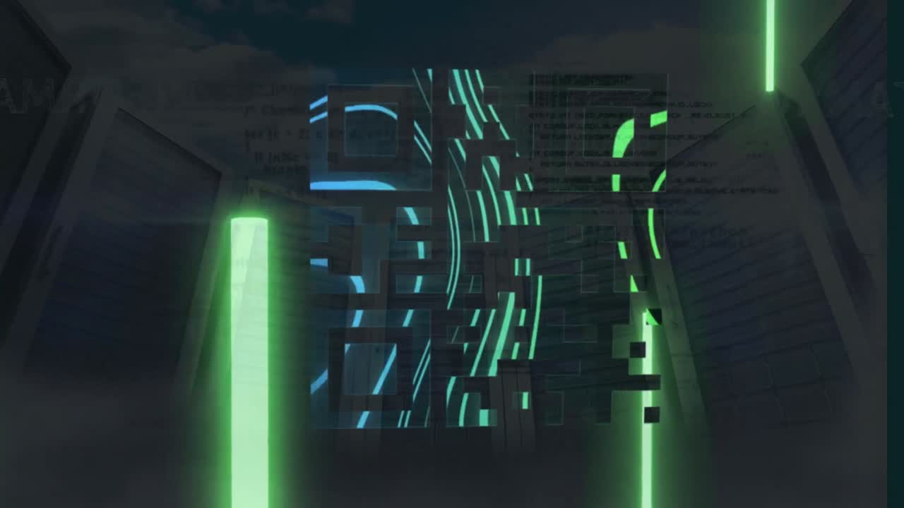 Animation of moving neon shapes over servers