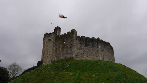 Gaviota-Volando-Sobre-El-Castillo-De-Cardiff-En-Un-Día-Nublado-Con-La-Bandera-Galesa-Ondeando-En-La-Fortaleza