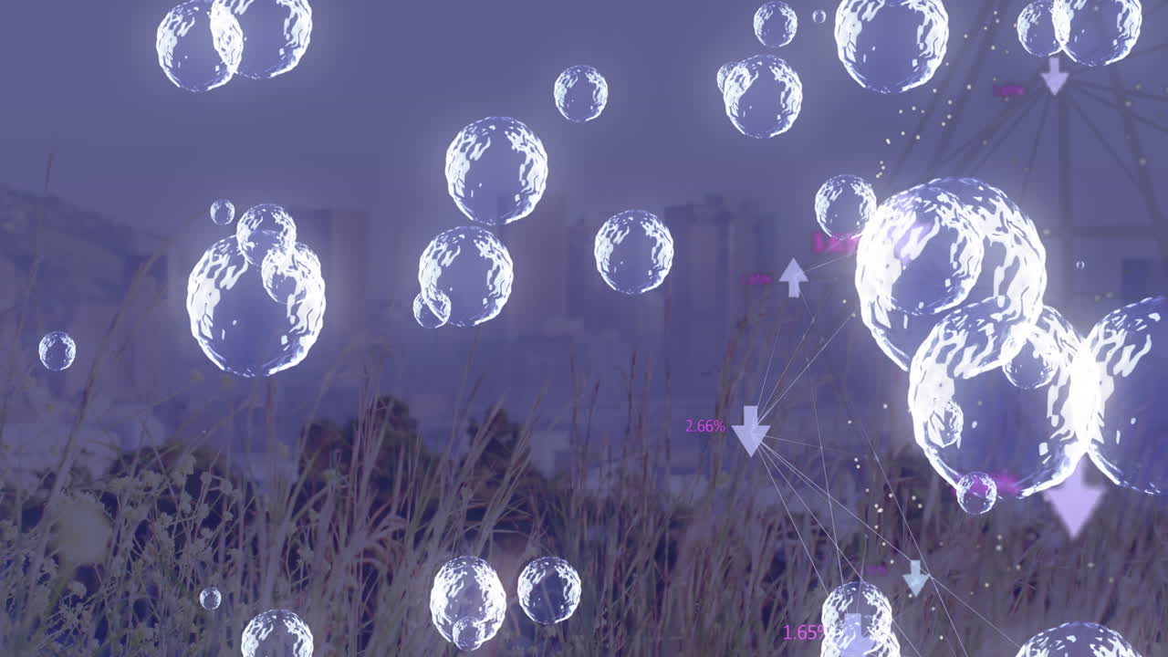 도시 풍경 위의 거품으로 연결된 네트워크의 애니메이션