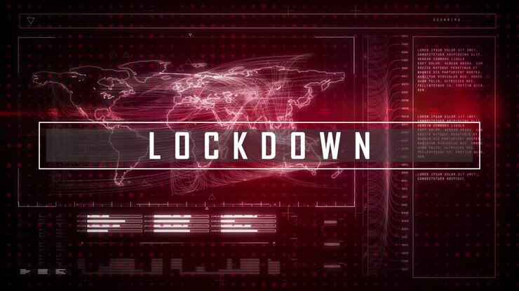Animation of data processing and world map over lockdown text
