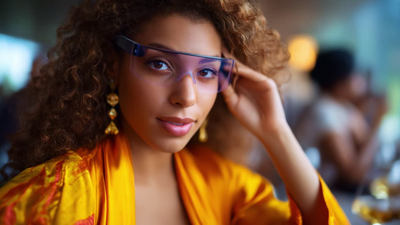Captivating Portrait of a Stylish Woman in a Vibrant Yellow Outfit and Elegant Eyewear, Exuding Charm and Confidence in a Lively Social Setting