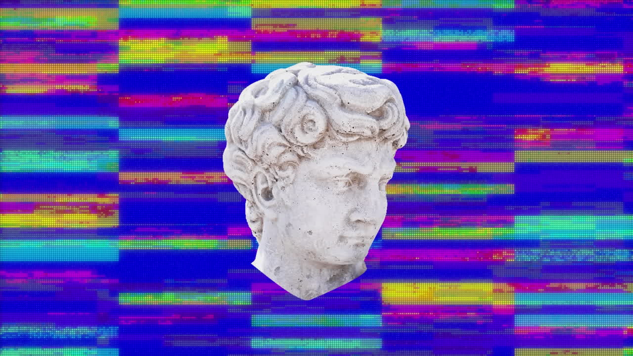 Animation of antique head sculpture over multi coloured background