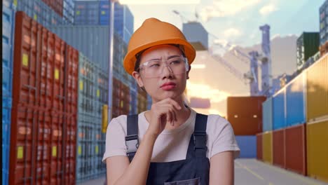 close up of asian woman worker wearing goggles and safety helmet thinking about something and looking around while standing at container yard warehouse