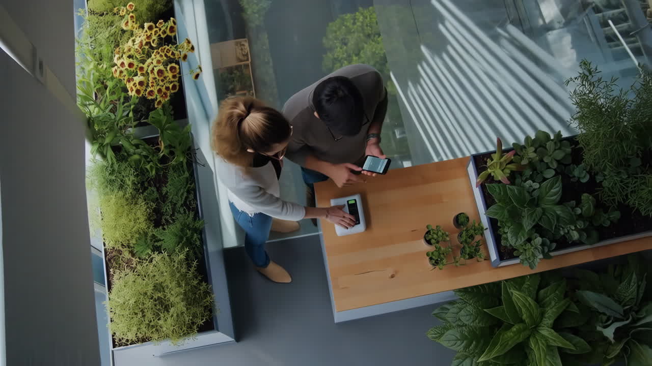 Two people interact with smart garden technology in a modern indoor setting with vertical gardens