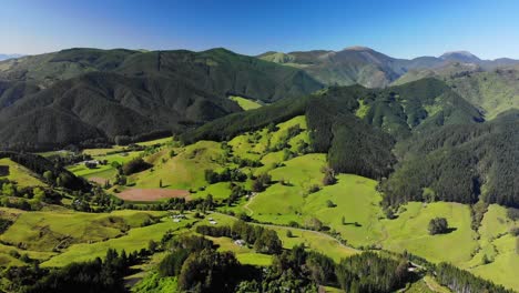 Aerial-landscape-view-of-Takaka-hill-valley,-covered-in-bright-green-and-lush-vegetation,-New-Zealand