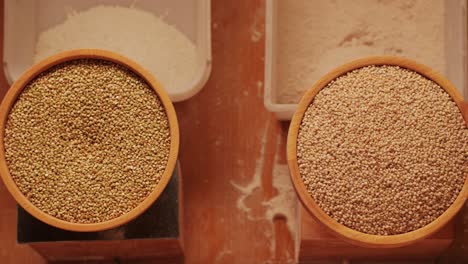 close-up shot of treatment of seeds of cereals: rye, barley, wheat against diseases and insects using modern equipment. hard wheat in hopper being ground into whole wheat flour. high quality 4k footage