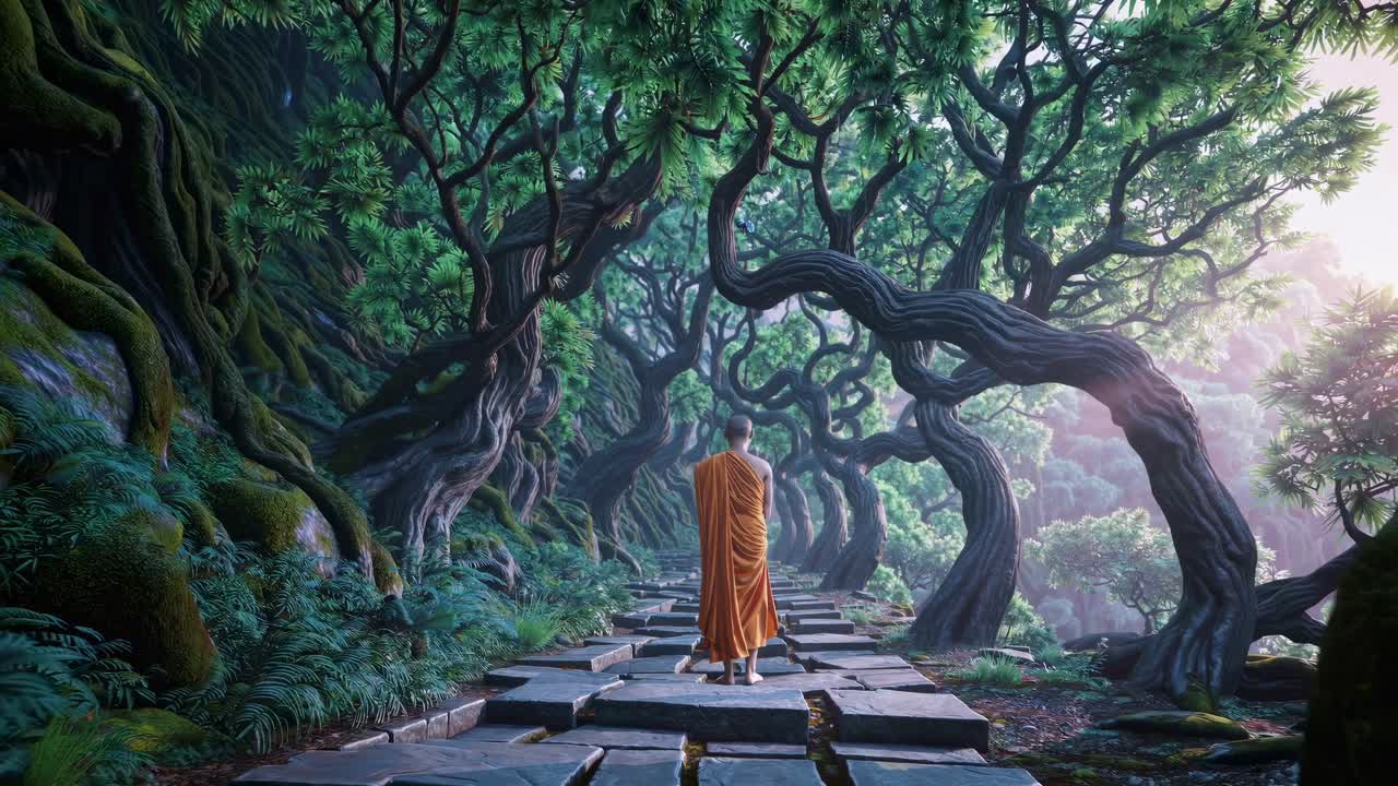 A serene video scene of a monk walking on a stone path through a mystical forest