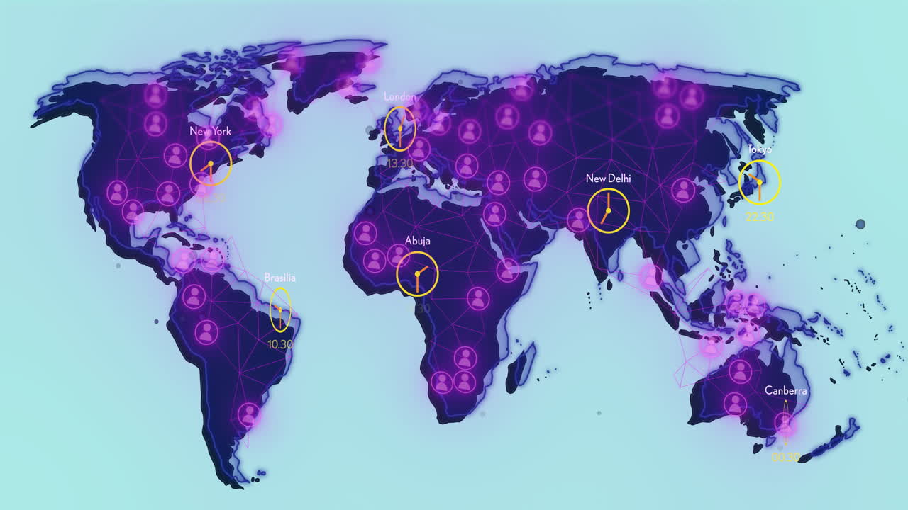 карта мира с часовыми поясами и сетевыми соединениями над различными городами