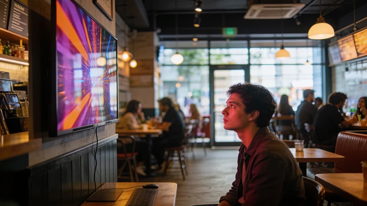 Uomo in camicia scura che osserva e segue, chinandosi, i cambiamenti di colore del monitor al bar, con tastiera e spazio per il testo.