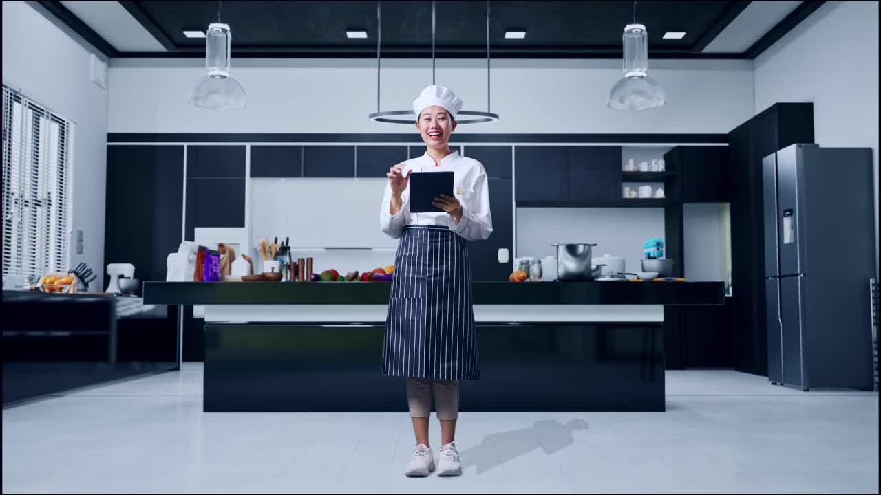 chef usando tableta en la cocina moderna