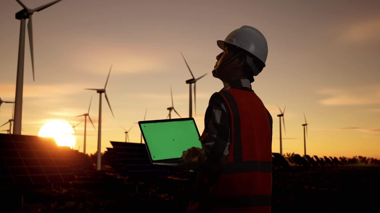 Engineer Monitoring Renewable Energy Farm at Sunset