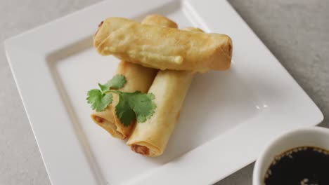 composition of plate with spring rolls and soy sauce on grey background