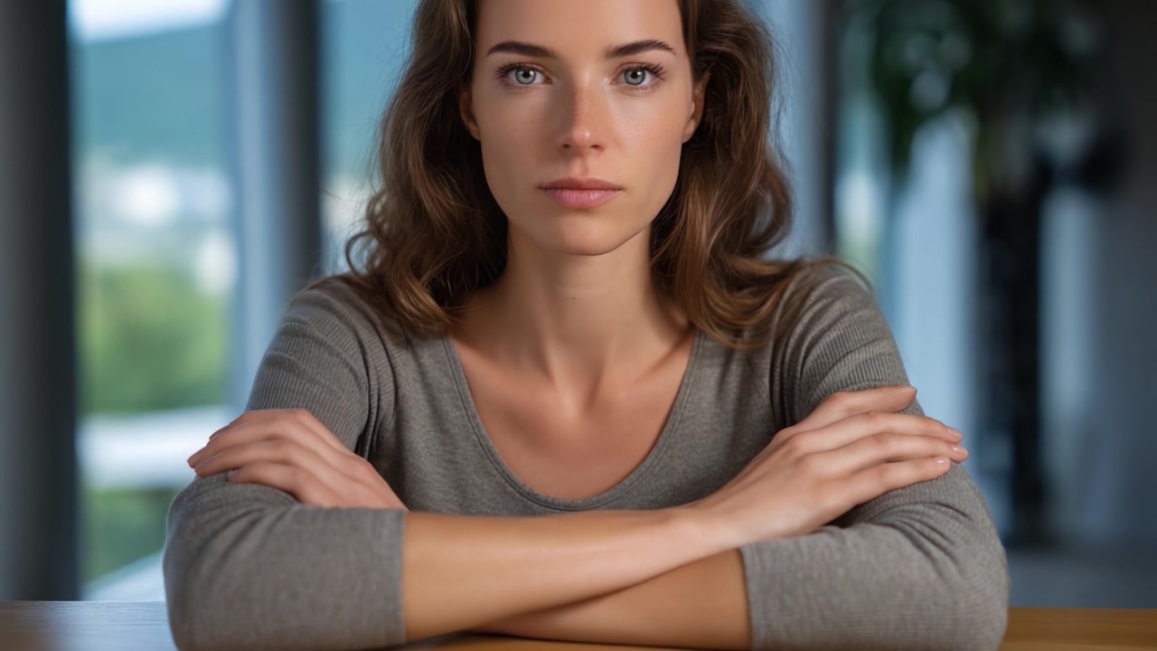 Una mujer contemplativa con expresión serena se sienta con confianza en una mesa, con los brazos cruzados, mostrando un momento de introspección y fortaleza en un entorno apacible.