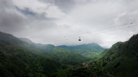 fansipan sun world cable car gondola ascending towards summit, hoang lien. drone