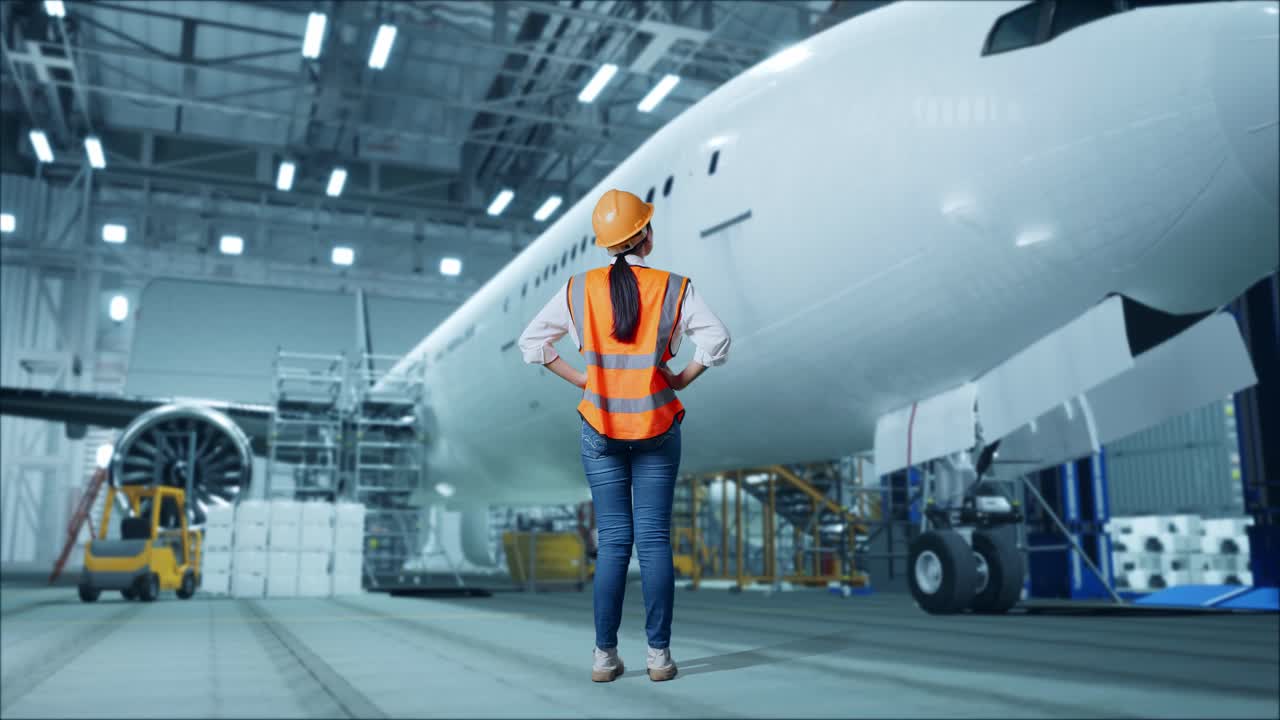 vista trasera completa del cuerpo de una ingeniera asiática con casco de seguridad con aviones en el hangar. de pie con los brazos akimbo mirando a su alrededor, comprobando