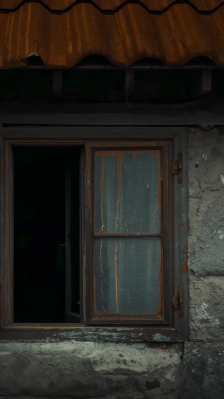 Vertical video: Pulling back camera tilting upward on stone wall, revealing window and rusted roof