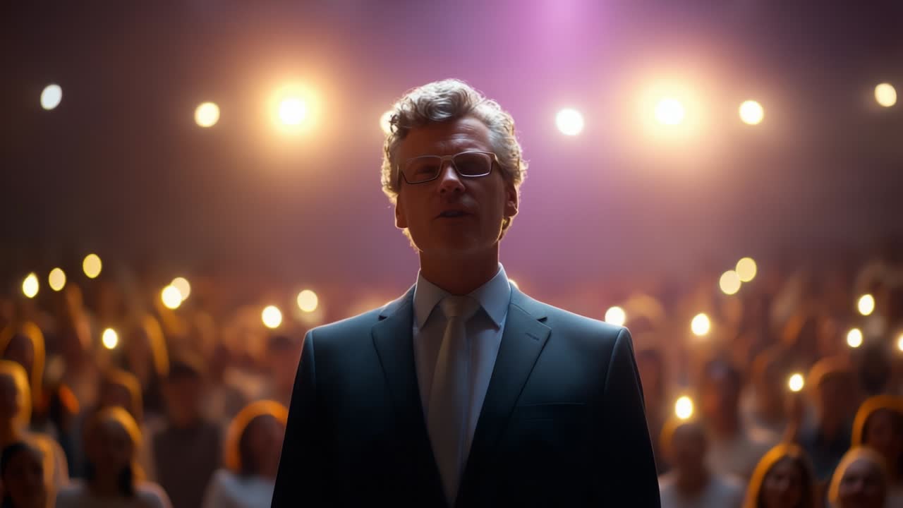 Captivating Performance: A Charismatic Speaker Engages an Enthralled Audience, Illuminated by Soft Stage Lights and Surrounded by Flickering Candles, Creating an Atmosphere of Inspiration and Unity