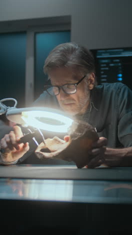 paleontologist examining a fossil skull