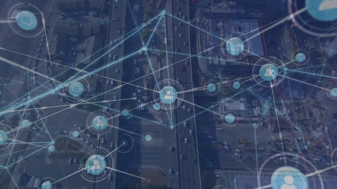 Animation of network of connections with icons over cityscape