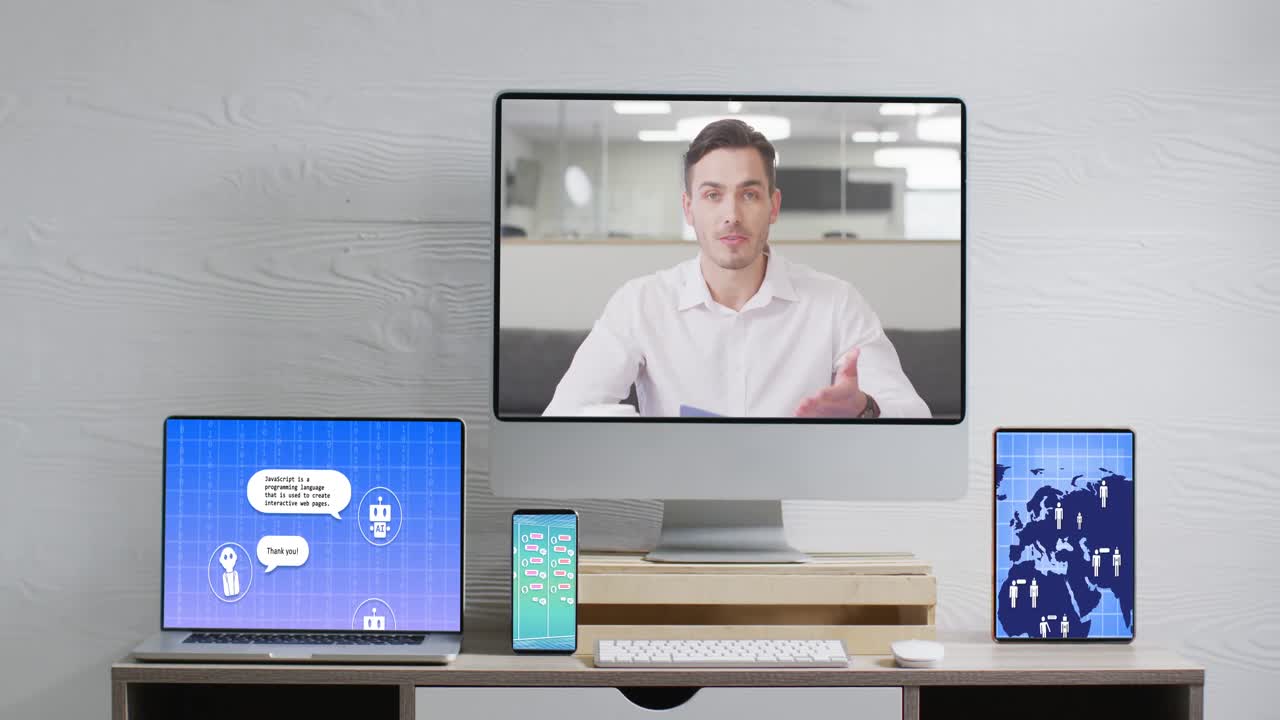 hombre de negocios caucásico en videollamadas y dispositivos electrónicos con procesamiento de datos en pantallas