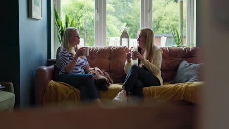 two women having coffee and a conversation on a couch with a dog
