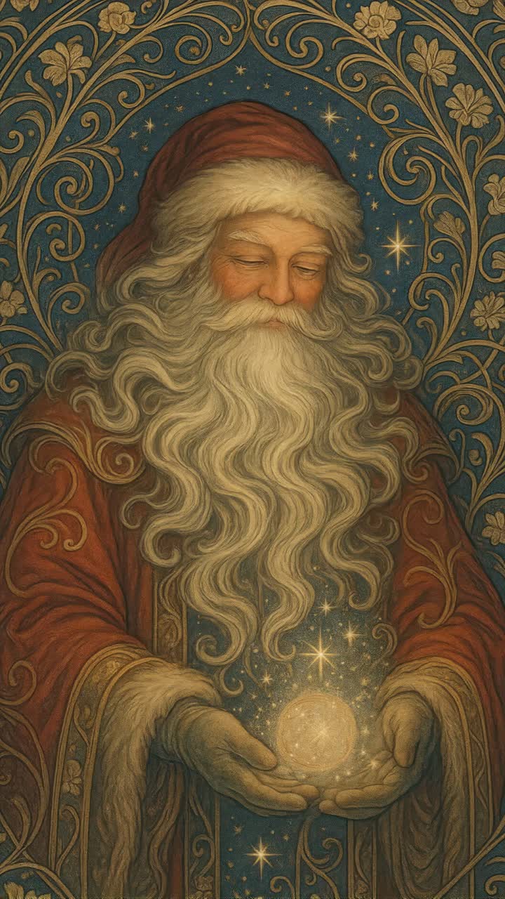 A magical Santa holding a glowing orb, surrounded by intricate patterns