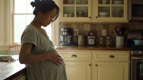 A pregnant woman stands in her warm kitchen, gently cradling her belly while reflecting on the journey ahead. Sunlight filters through the window, creating a serene atmosphere.