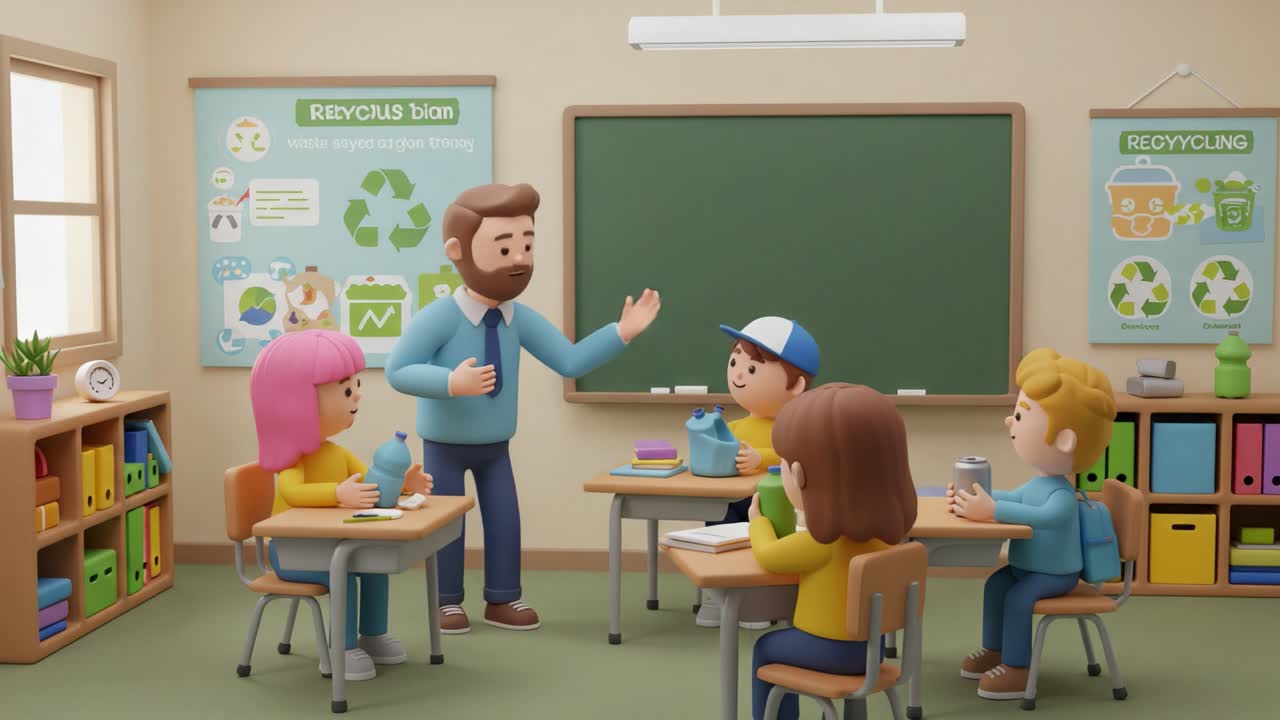 An Engaging Classroom Session on Recycling Practices: A Cheerful Teacher Explains Eco-Friendly Initiatives to Enthusiastic Students in a Bright, Animated Setting