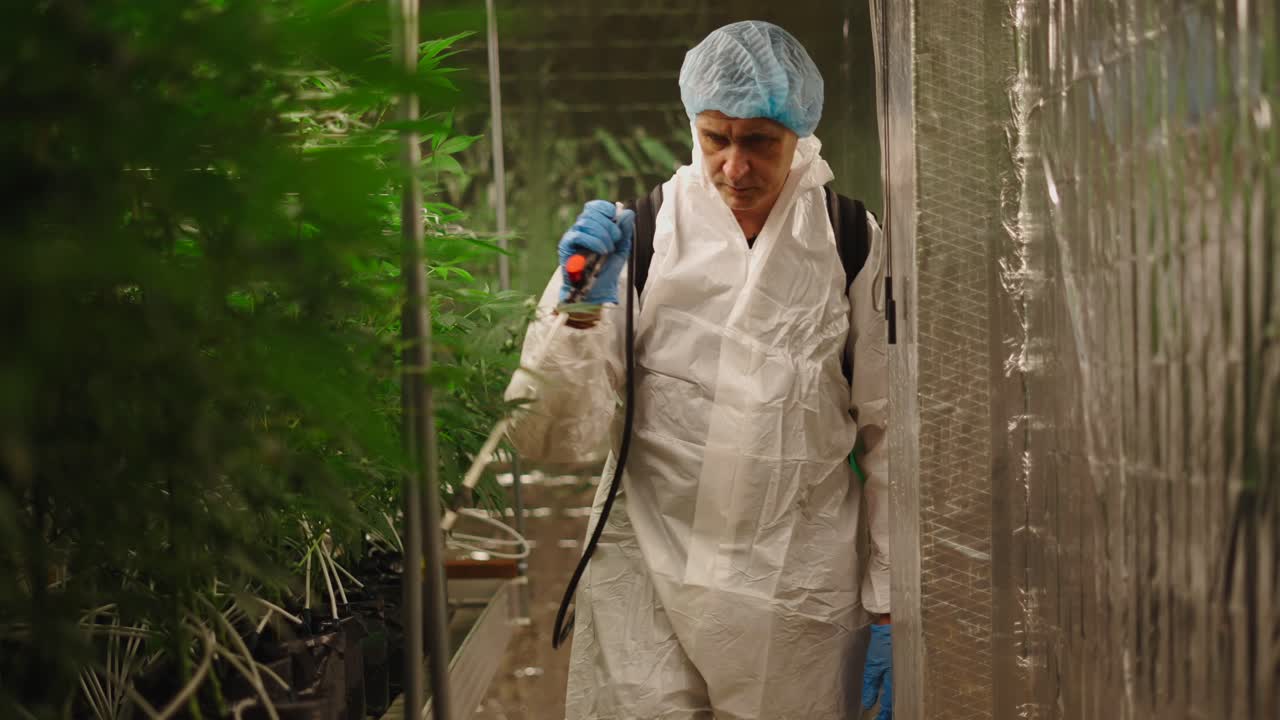 Cannabis Grower Spraying Plants