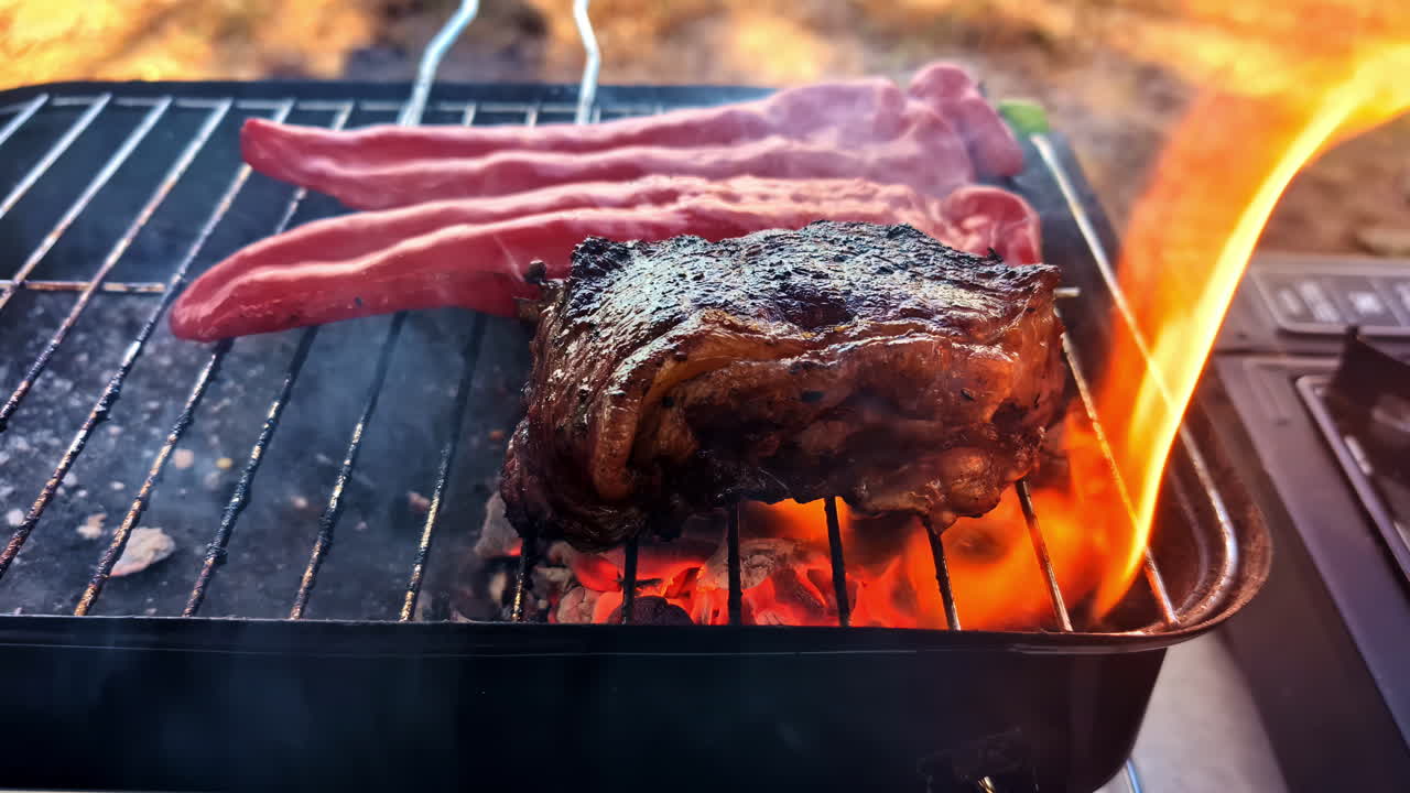 An extreme close-up shot captures a juicy steak and a bright red pepper searing and smoking on a hot charcoal grill, with flames flaring up for a perfect char
