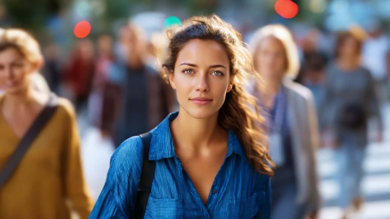 Una giovane donna sicura di sé cammina per una strada trafficata della città, circondata da figure sfocate, mostrando determinazione e forza in un ambiente frenetico