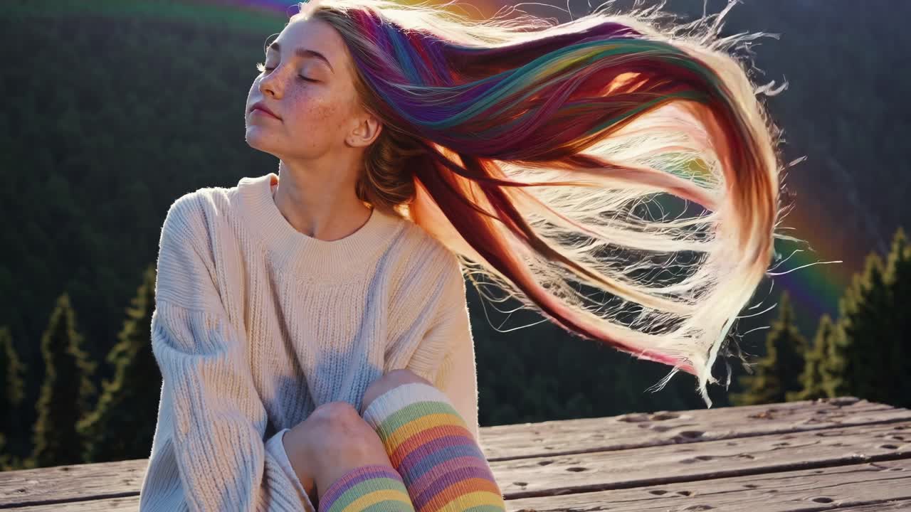 Young woman with long, colorful hair sitting on a wooden platform, gazing at a vibrant rainbow arching gracefully over a lush mountain forest, embracing the beauty of nature