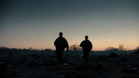 military patrol in a war zone at dusk