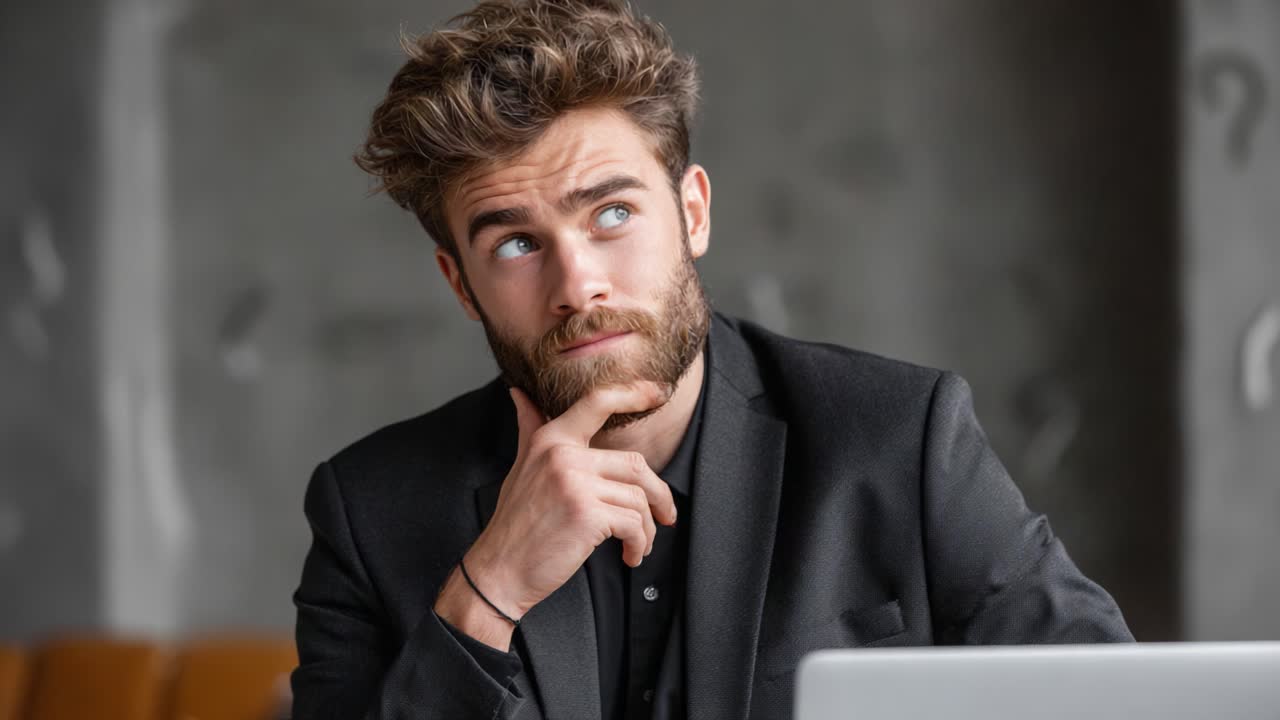 A Thoughtful Young Professional Ponders Ideas While Working at a Laptop in a Modern Office Environment with a Contemporary Aesthetic