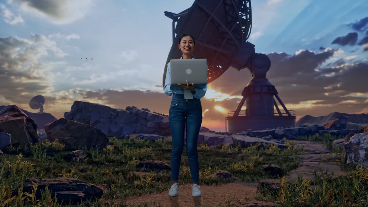 Full Body Of An Asian Female Worker Standing With Her Laptop With Large Satellite Dish, She Observes By Looking Around Before She Come To Concentrating With Her Laptop