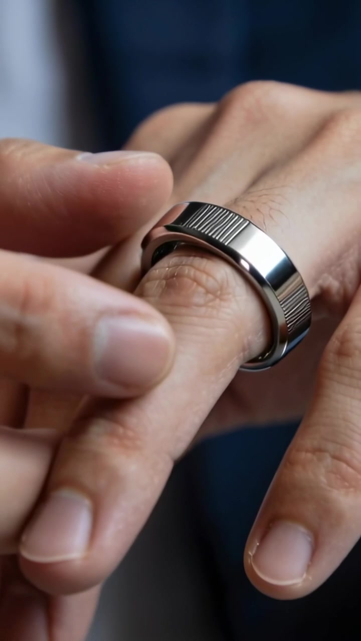 Vertical video: Sliding nail under rim, man pulling, twisting ring up finger to adjust closeup