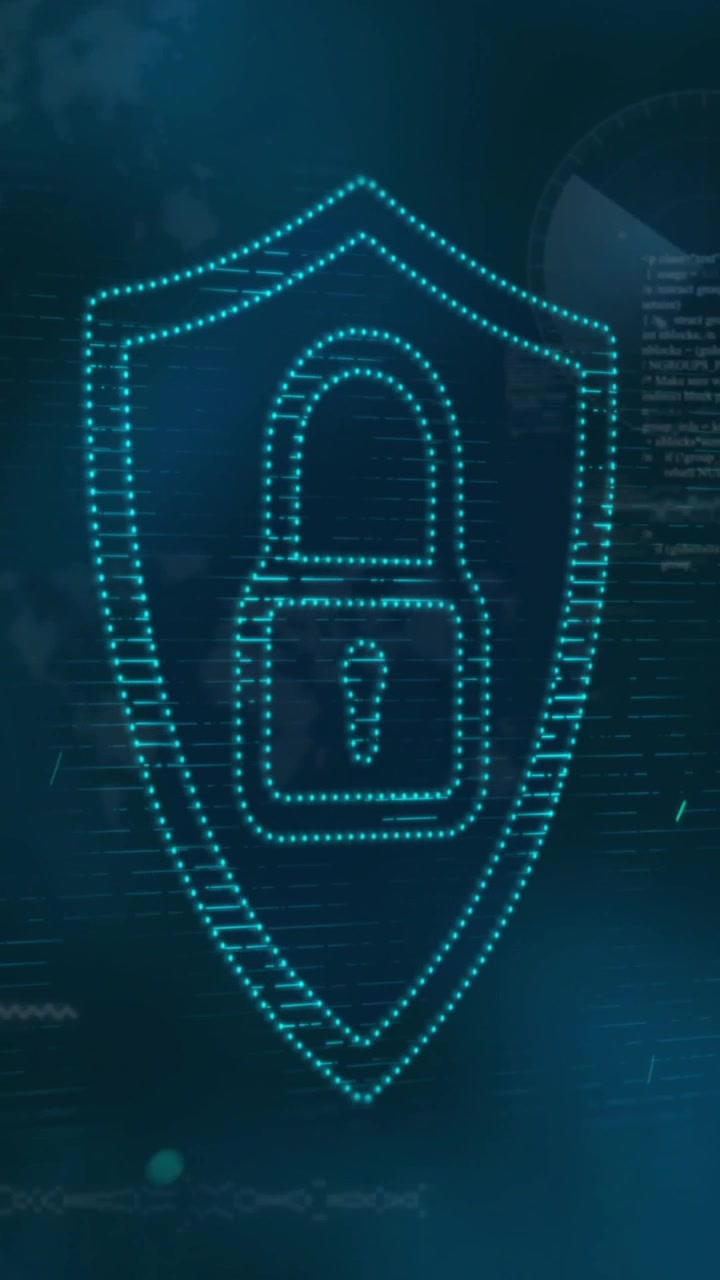Cybersecurity animation showing shield with padlock icon and digital code