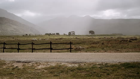 misty mountain landscape with fence