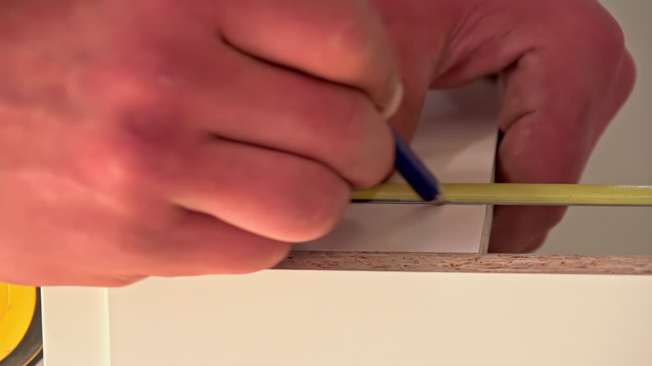 Worker using a measuring tape and a marking guide to measure and mark a white board