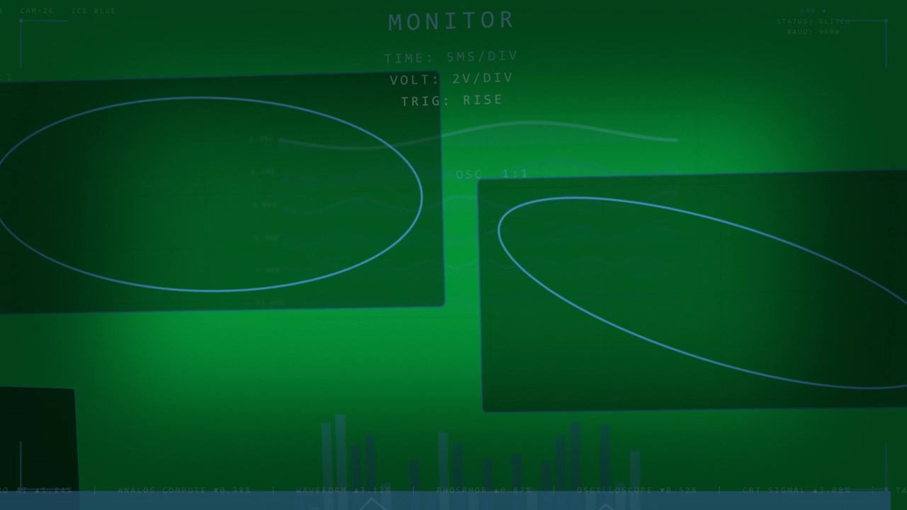 Red wash starting transparent HUD showing Lissajous ellipses shifting, bar chart pulsing for debug
