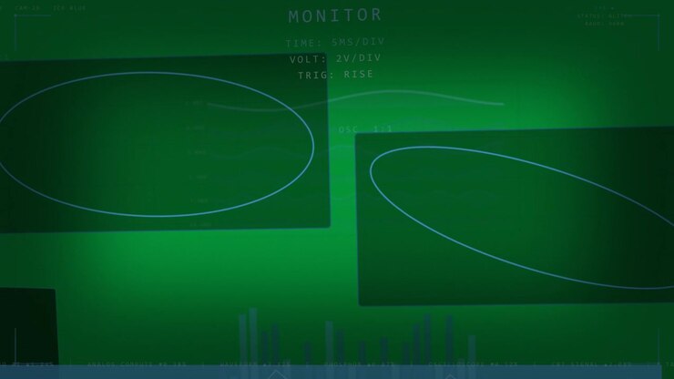 Red wash starting transparent HUD showing Lissajous ellipses shifting, bar chart pulsing for debug