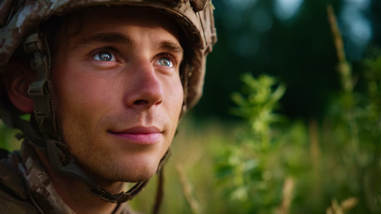 A Soldier in Contemplation: A Close-Up of a Military Personnel's Reflective Expression Amidst Nature, Capturing the Essence of Duty and Resilience