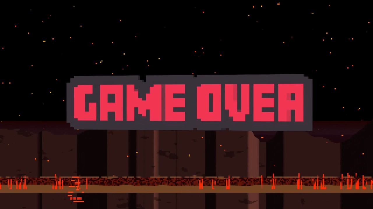 Inizia un segno 3D "GAME OVER" angolato e fluttuante che ruota lentamente e si ridimensiona, rivelando un messaggio leggibile.